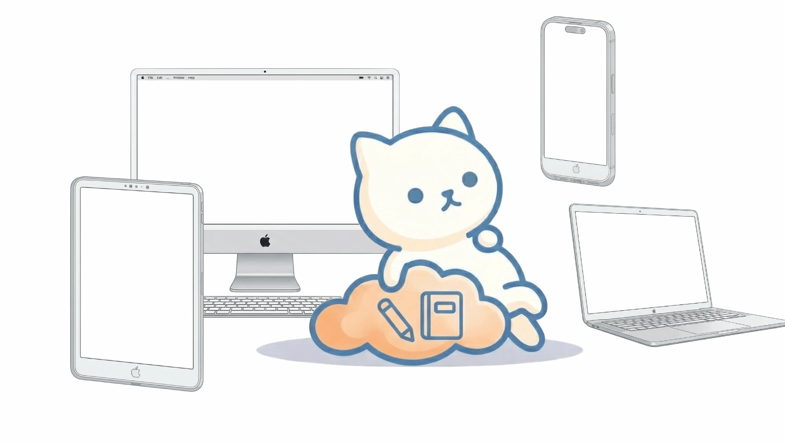 らくねこがデジタルデバイスに囲まれているイラスト