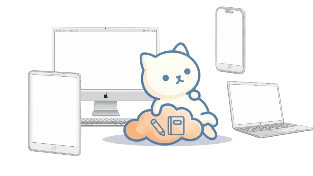 らくねこがデジタルデバイスに囲まれているイラスト