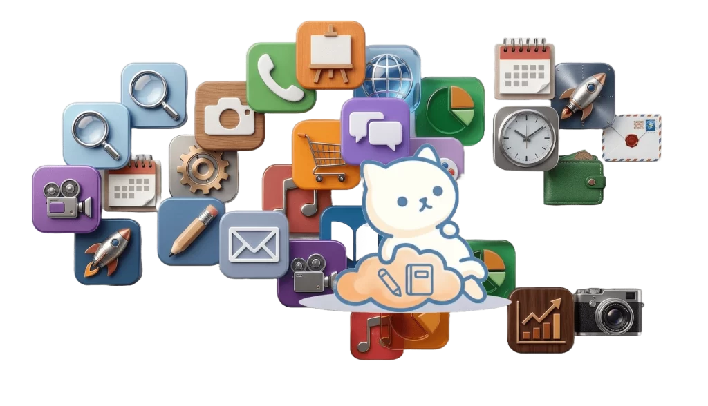 らくねことアプリ・ソフトウェアカテゴリーを表現したイメージイラスト