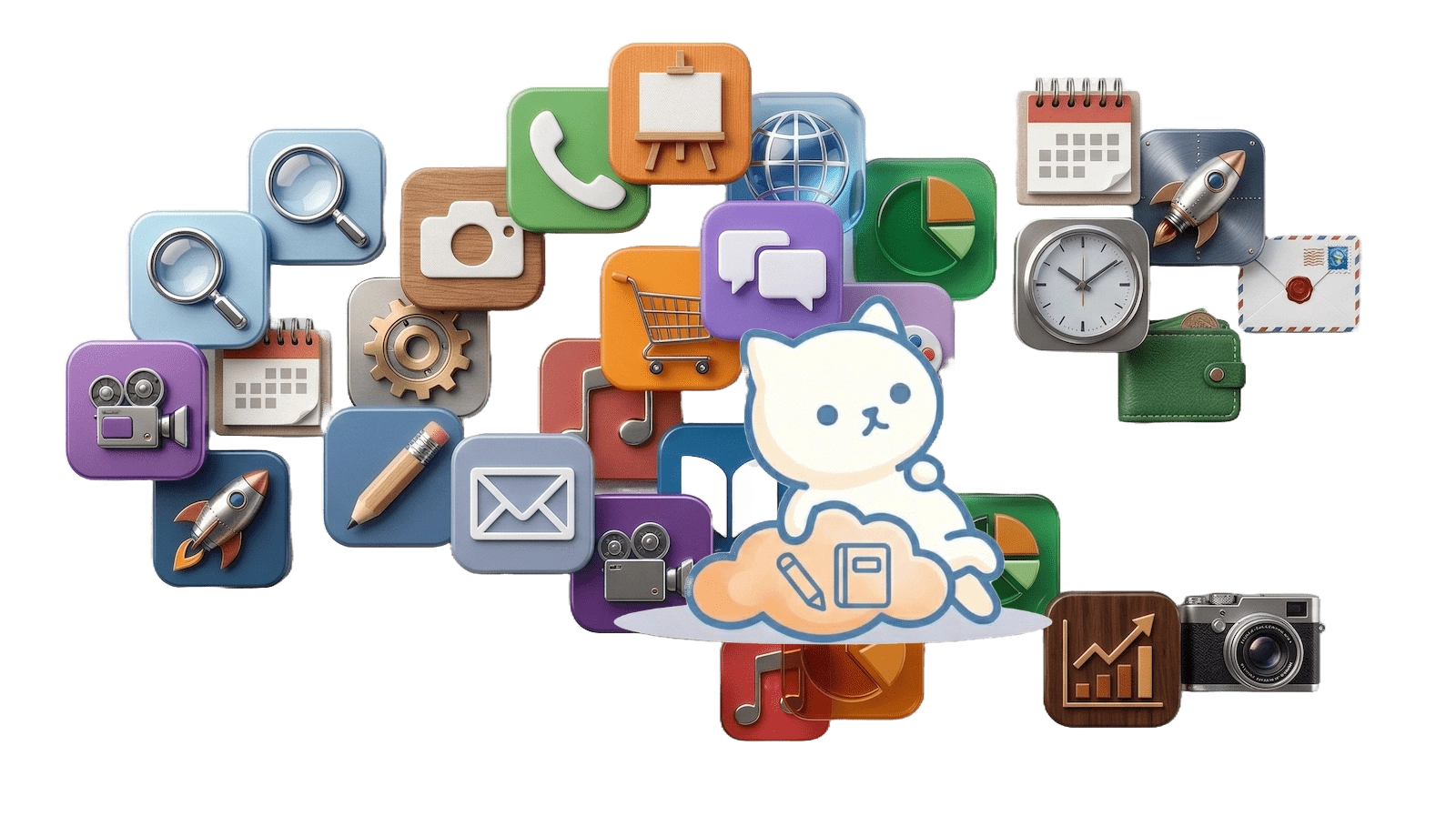らくねことアプリ・ソフトウェアカテゴリーを表現したイメージイラスト